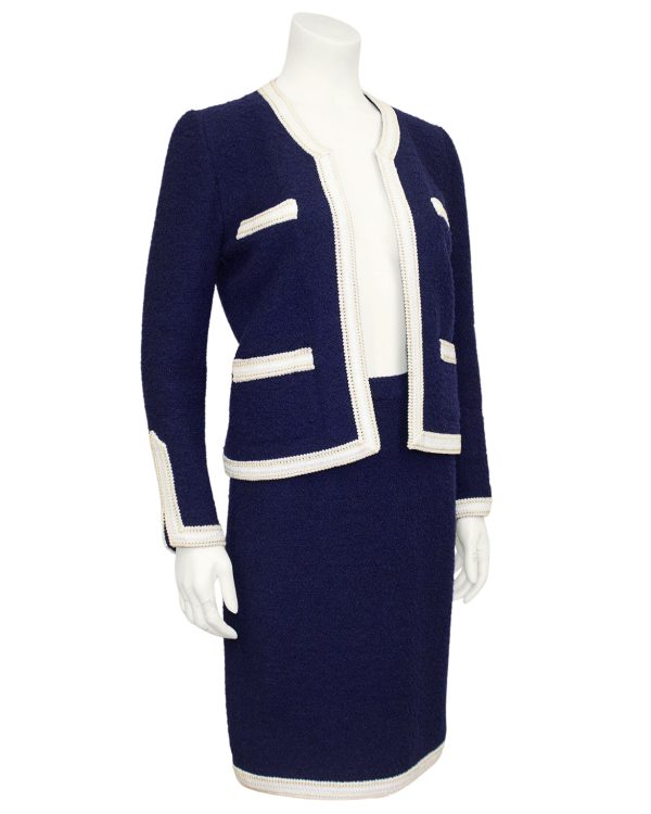 Navy Blue and White Knit Skirt Suit For Sale