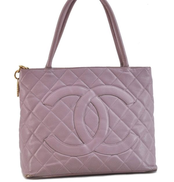 Auth CHANEL Caviar Skin Medallion CoCo Mark Shoulder Tote Bag Light Purple 2116D For Discount