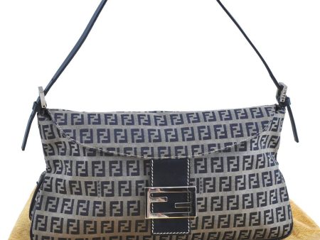 Auth FENDI Zucchino Mamma Baguette Shoulder Bag Canvas Leather Navy Blue H9049 Online Sale