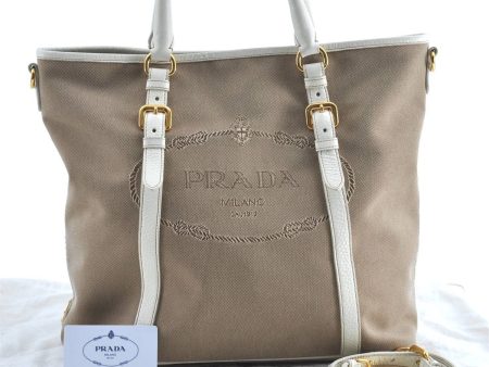 Authentic PRADA Canvas Leather 2Way Shoulder Tote Bag BR4581 Beige White H9533 Sale