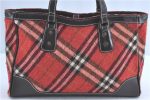 Authentic BURBERRY BLUE LABEL Check Hand Tote Bag Wool Leather Red H9499 Supply