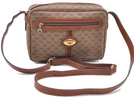 Auth GUCCI Web Sherry Line Micro GG Shoulder Cross Bag PVC Leather Brown G3226 For Sale