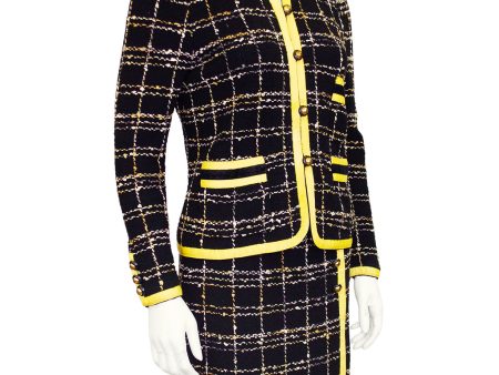 Black Wool Knit Plaid Skirt Suit with Yellow Trim on Sale