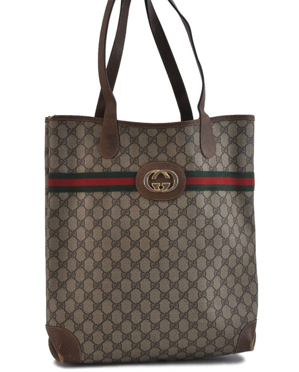 Authentic GUCCI Web Sherry Line Shoulder Tote Bag PVC Leather Brown 9708C Fashion