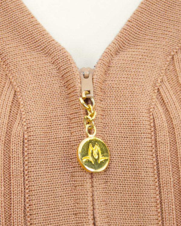 Tan Zip Front Ribbed Cardigan With Gold Chain Details Cheap