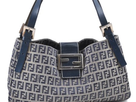 Auth FENDI Zucchino Mamma Baguette Shoulder Bag Canvas Leather Navy Blue J0029 Sale