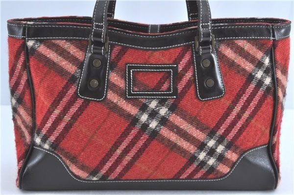 Authentic BURBERRY BLUE LABEL Check Hand Tote Bag Wool Leather Red H9499 Supply