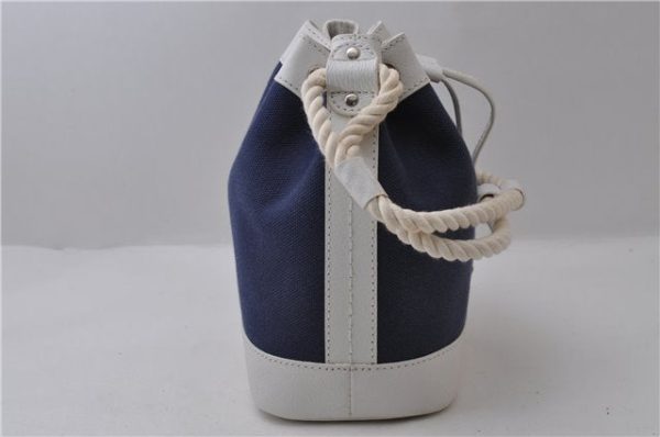 Auth BURBERRY Vintage Canvas Leather Shoulder Drawstring Bag Blue White 2163D Sale