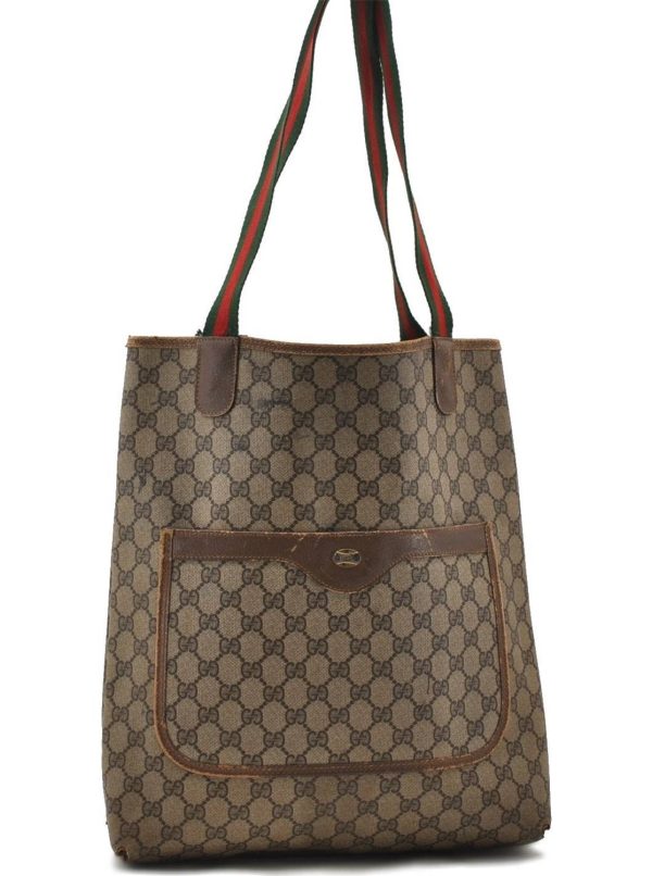 Authentic GUCCI Web Sherry Line Shoulder Tote Bag GG PVC Leather Brown 1990D Online Sale