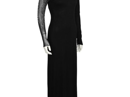 Black Gown with Illusion Beaded Sleeve For Cheap