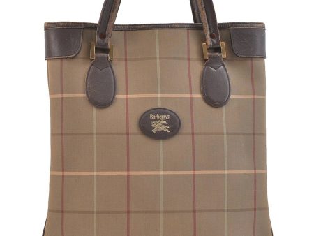 Authentic Burberrys Check Shoulder Tote Bag Canvas Leather Khaki Brown 9653C on Sale