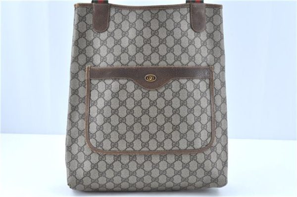 Authentic GUCCI Web Sherry Line Shoulder Tote Bag GG PVC Leather Brown H9369 Online Sale