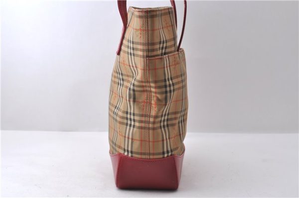 Authentic BURBERRY Nova Check Canvas Leather Shoulder Tote Bag Beige Red 1412D Cheap