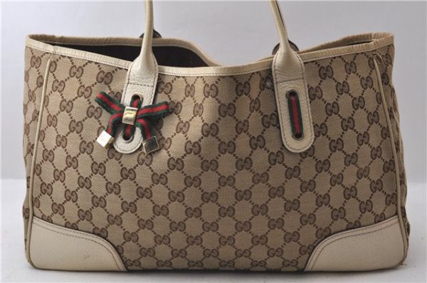 Authentic GUCCI Sherry Line Princy Ribbon Tote Bag GG Canvas 163805 Brown 2442D Fashion