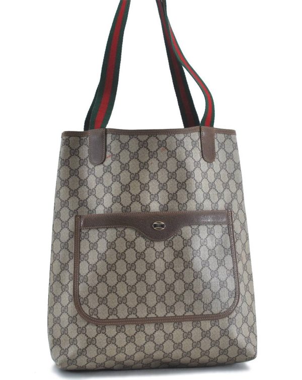 Authentic GUCCI Web Sherry Line Shoulder Tote Bag GG PVC Leather Brown H9240 For Discount