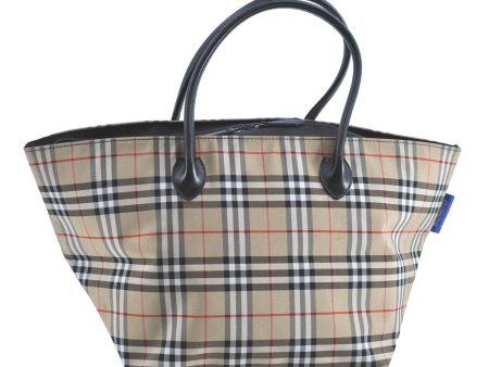 Authentic Burberrys BLUE LABEL Check Shoulder Tote Bag Nylon Leather Beige H9431 Fashion