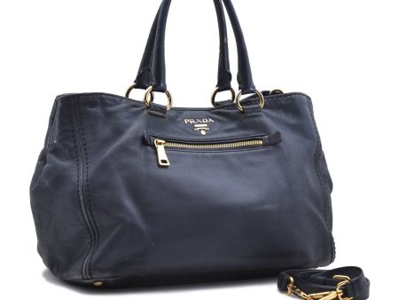 Authentic PRADA Leather 2Way Shoulder Tote Bag Navy Blue 8423B Online Hot Sale