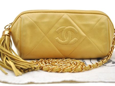 Auth CHANEL Lamb Skin Matelasse Tassel Chain Shoulder Cross Bag Yellow CC H4691 on Sale