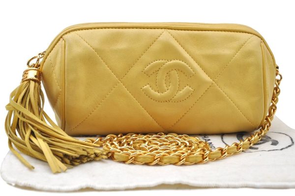 Auth CHANEL Lamb Skin Matelasse Tassel Chain Shoulder Cross Bag Yellow CC H4691 on Sale