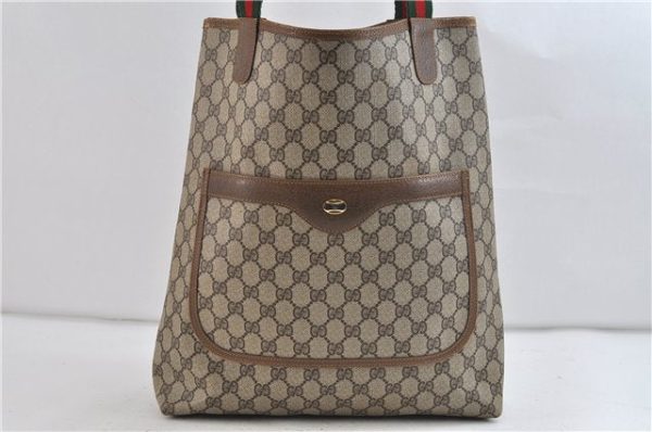 Authentic GUCCI Web Sherry Line Shoulder Tote Bag GG PVC Leather Brown 1689D Cheap