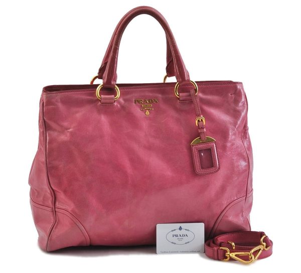 Authentic PRADA VITELLO SHINE 2Way Leather Shoulder Tote Bag BN2325 Pink 9243B on Sale