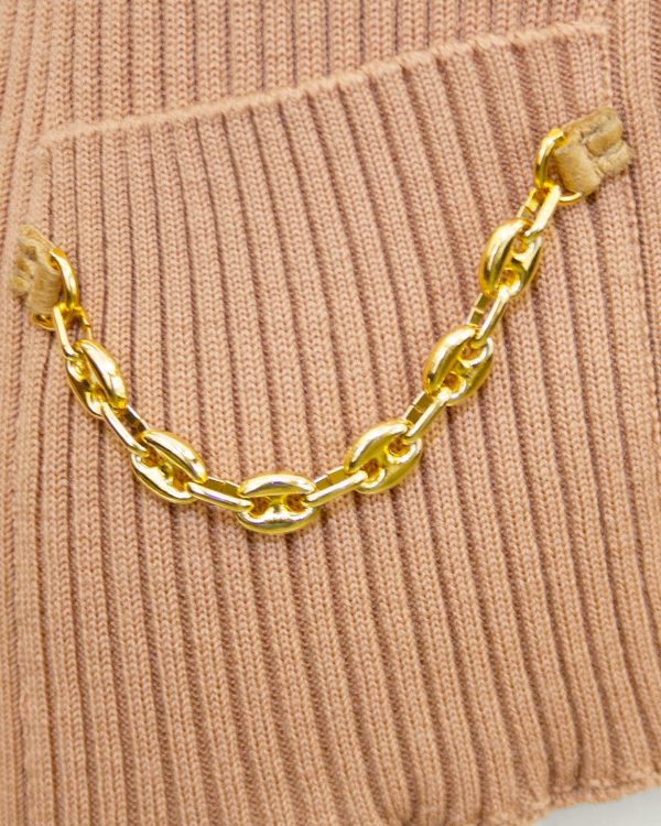 Tan Zip Front Ribbed Cardigan With Gold Chain Details Cheap