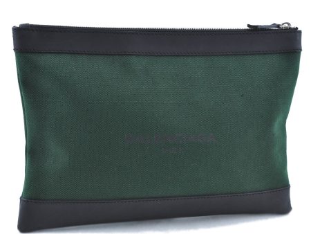 Auth BALENCIAGA Navy Clip M Clutch Bag Canvas Leather 373834 Green Black G3905 on Sale