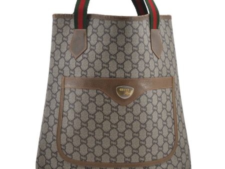 Auth GUCCI Web Sherry Line GG Plus Shoulder Tote Bag PVC Leather Brown 7437B Fashion