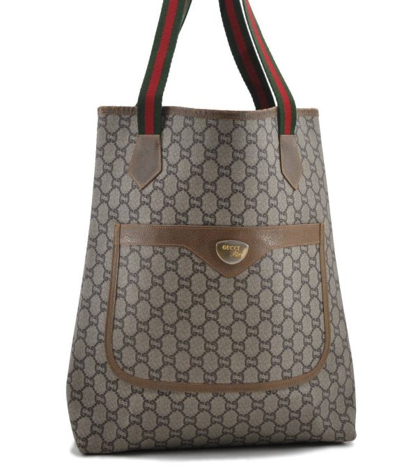 Auth GUCCI Web Sherry Line GG Plus Shoulder Tote Bag PVC Leather Brown 7437B Fashion