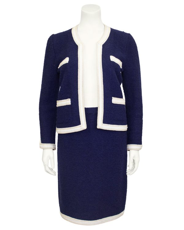 Navy Blue and White Knit Skirt Suit For Sale