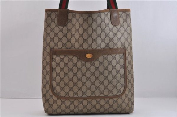 Authentic GUCCI Web Sherry Line Shoulder Tote Bag GG PVC Leather Brown 2348D Supply