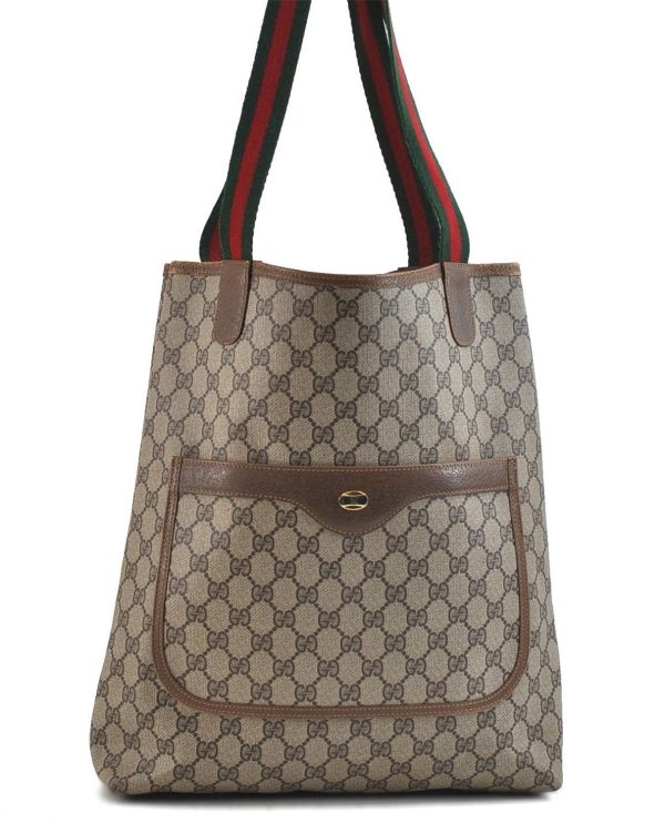 Authentic GUCCI Web Sherry Line Shoulder Tote Bag GG PVC Leather Brown 1689D Cheap