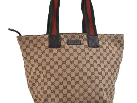 Authentic GUCCI Web Sherry Line Tote Bag GG Canvas Leather 131231 Brown 9719C Sale