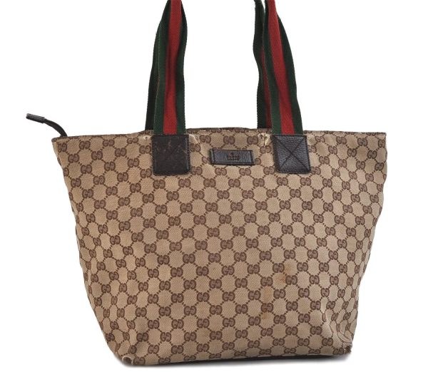 Authentic GUCCI Web Sherry Line Tote Bag GG Canvas Leather 131231 Brown 9719C Sale