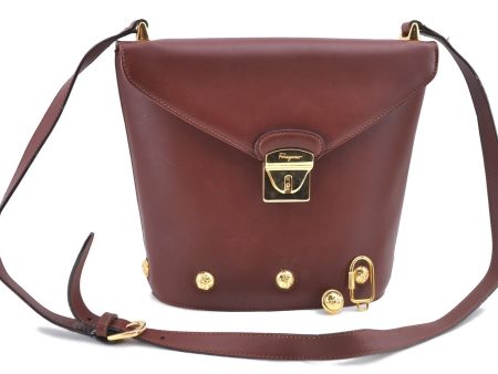 Auth Ferragamo Canvas Leather Shoulder Cross Body Bag Purse Bordeaux Red J0031 Sale