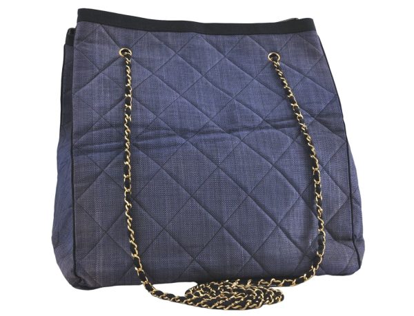 Authentic CHANEL Matelasse Straw Chain Shoulder Tote Bag Blue Purple CC H4748 on Sale