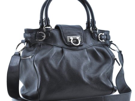 Authentic Ferragamo Gancini Leather 2 Way Shoulder Hand Bag Black G3412 Hot on Sale