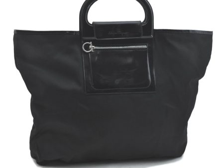 Authentic Ferragamo Gancini Nylon Leather Hand Tote Bag Black H4828 For Cheap