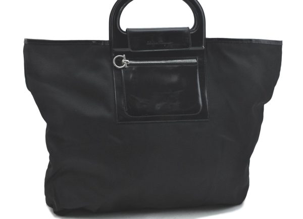 Authentic Ferragamo Gancini Nylon Leather Hand Tote Bag Black H4828 For Cheap