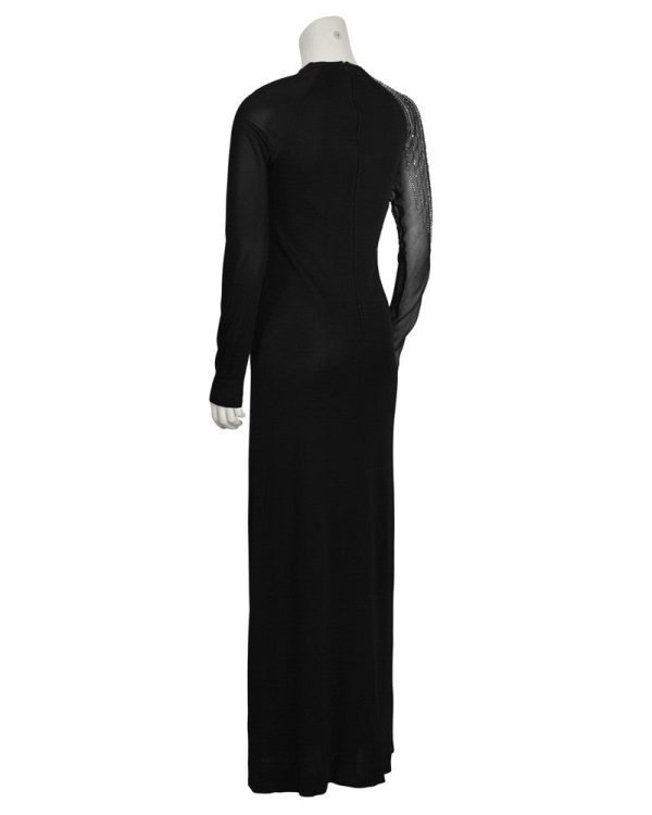 Black Gown with Illusion Beaded Sleeve For Cheap