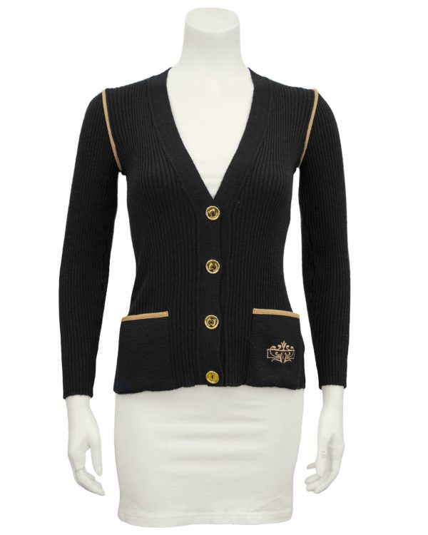 Black Wool Ribbed Cardigan With Tan Accents For Cheap