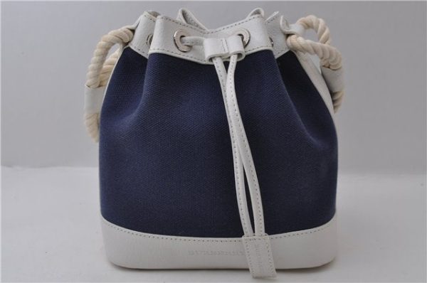 Auth BURBERRY Vintage Canvas Leather Shoulder Drawstring Bag Blue White 2163D Sale