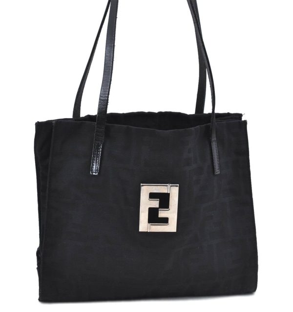 Authentic FENDI Zucca Shoulder Tote Bag Nylon Leather Black H9673 For Sale