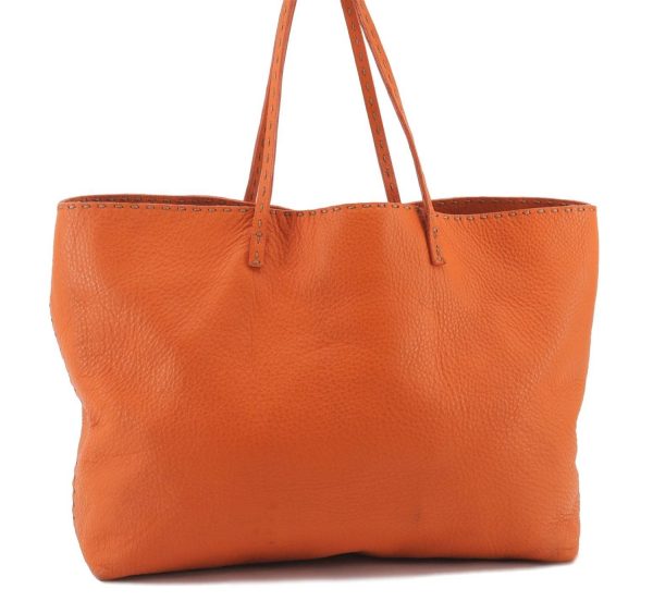 Authentic FENDI Selleria Shoulder Tote Bag Leather Orange 1061D on Sale