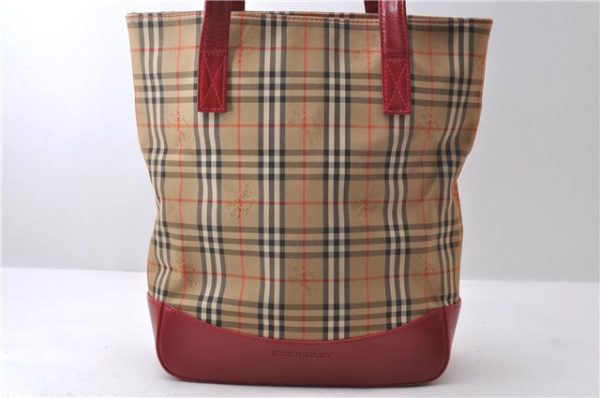 Authentic BURBERRY Nova Check Canvas Leather Shoulder Tote Bag Beige Red 1412D Cheap