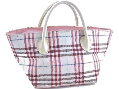 Authentic BURBERRY BLUE LABEL Check Hand Tote Bag Nylon Leather White Pink J0072 Discount