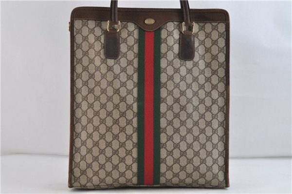 Authentic GUCCI Web Sherry Line Shoulder Tote Bag GG PVC Leather Brown 1558D on Sale