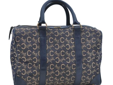 Auth CELINE C Macadam Pattern Horse Carriage Hand Bag Canvas Leather Blue G1907 Online Hot Sale