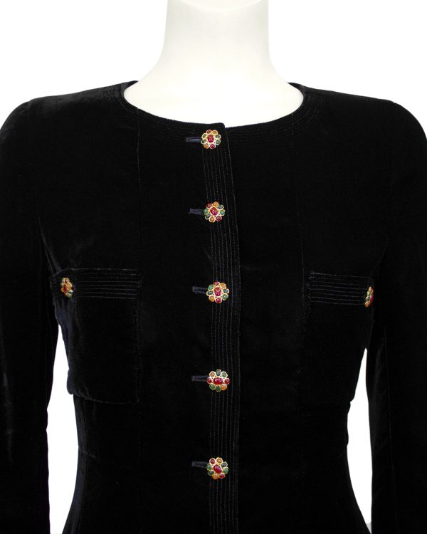 Black Velvet Dress with Gripoix Buttons on Sale