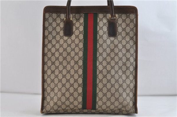 Authentic GUCCI Web Sherry Line Shoulder Tote Bag GG PVC Leather Brown 1558D on Sale